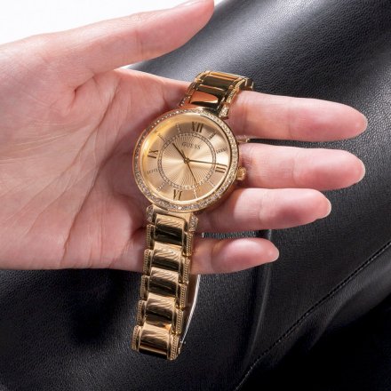 Złoty zegarek damski Guess Montage z zestawem pasków i kryształami GW0588L1