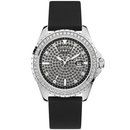 Srebrny zegarek męski Guess Day Date z czarnym paskiem GW0396G1