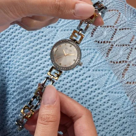 Elegancki srebrno-zloty zegarek damski Guess Lady G z bransoletką GW0656L1