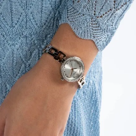 Elegancki srebrno-różowozłoty zegarek damski Guess Lady G z bransoletką GW0656L2