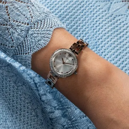 Elegancki srebrno-różowozłoty zegarek damski Guess Lady G z bransoletką GW0656L2