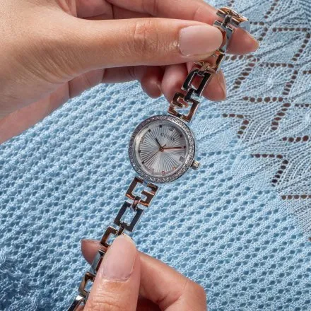 Elegancki srebrno-różowozłoty zegarek damski Guess Lady G z bransoletką GW0656L2