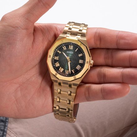 Złoty męski zegarek Guess Asset GW0575G2 z zieloną tarczą