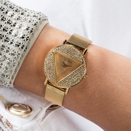 Złoty zegarek damski Guess Mini Iconic z bransoletką i kryształkami GW0671L2