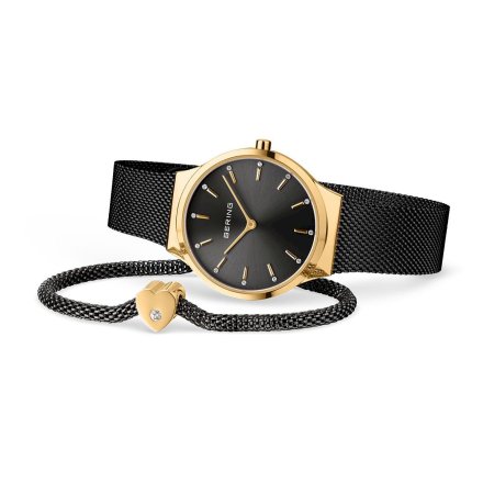 Czarno-złoty zegarek damski Bering Classic + bransoletka z sercem 12131-132