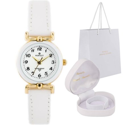 Prezent na Komunię dla dziewczynki złoty zegarek na białym pasku PACIFIC LP004-02