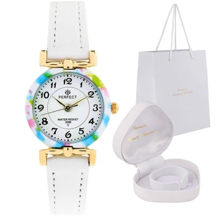 Prezent na Komunię złoty zegarek dla dziewczynki na białym pasku pudełko Serce PACIFIC LP004-06