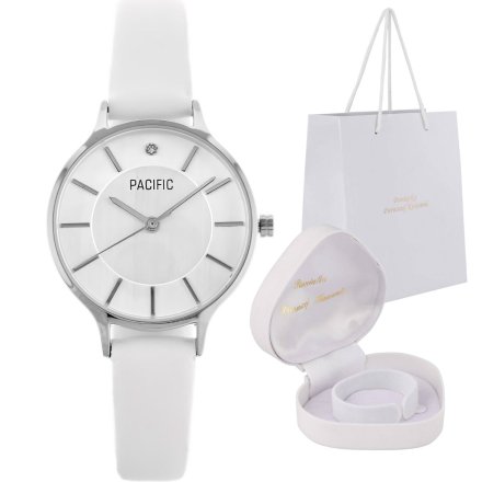 Prezent na Komunię klasyczny srebrny zegarek na białym pasku PACIFIC pudełko Serce X6133-03