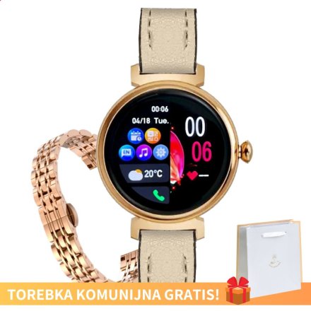 Smartwatch na Komunię dla dziewczynki beżowy pasek + bransoletka