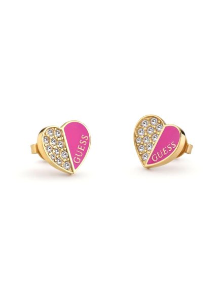 Złote kolczyki Guess LOVELY różowe serduszka logowane z kryształkami JUBE03048JW