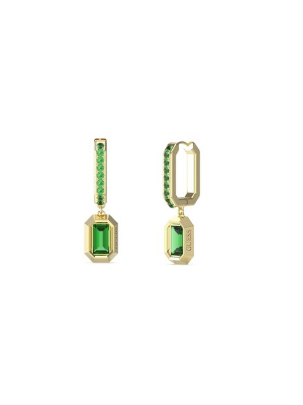 Złote geometryczne kolczyki wiszące z zielonymi kryształkami Guess HASHTAG GUESS JUBE04252JW-YGEM