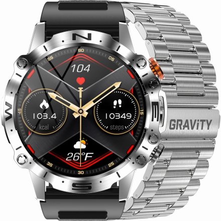 GRAVITY GT20-2 srebrny pasek silikon + bransoleta smartwatch męski z funkcją rozmowy