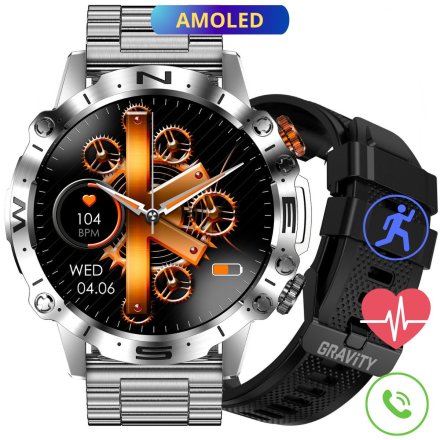 GRAVITY GT20-2 srebrny smartwatch męski z funkcją rozmowy • BRANSOLETA + PASEK