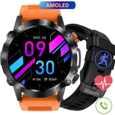 GRAVITY GT20-3 czarno-pomarańczowy smartwatch męski z funkcją rozmowy • DWA PASKI