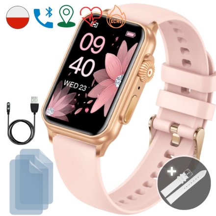 Smartwatch Rubicon Mini różowa opaska + biały pasek + ochrona ekranu
