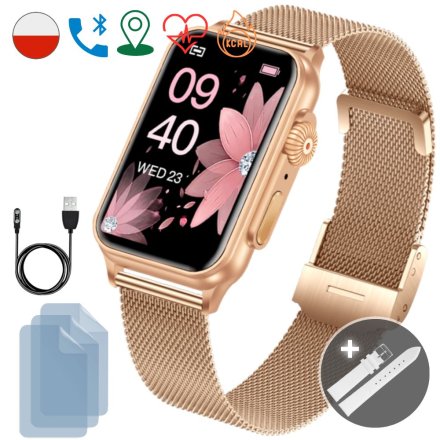 Smartwatch Rubicon Mini złota opaska + biały pasek + ochrona ekranu