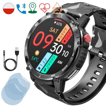 Smartwatch męski Rubicon Military czarny moro + ochrona ekranu