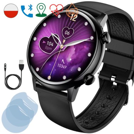 Smartwatch damski Rubicon Love czarny + ochrona ekranu