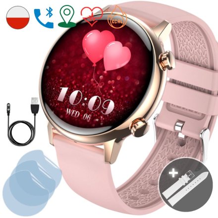 Smartwatch damski Rubicon Love różowy + biały pasek + ochrona ekranu