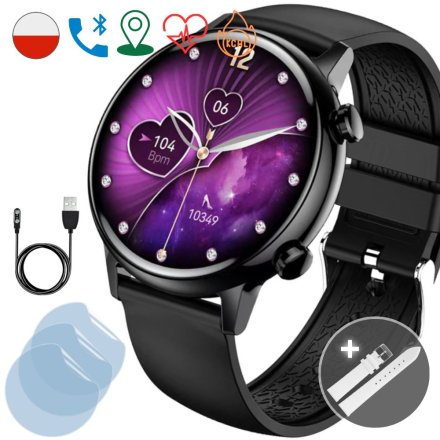 Smartwatch damski Rubicon Love Amoled czarny + biały pasek + ochrona ekranu