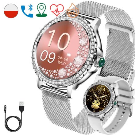 Smartwatch damski Rubicon Tiffany srebrny z kryształkami z funkcją rozmowy