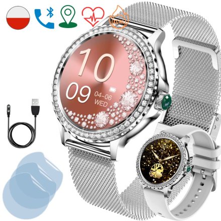 Smartwatch damski Rubicon Tiffany srebrny z kryształkami + ochrona ekranu