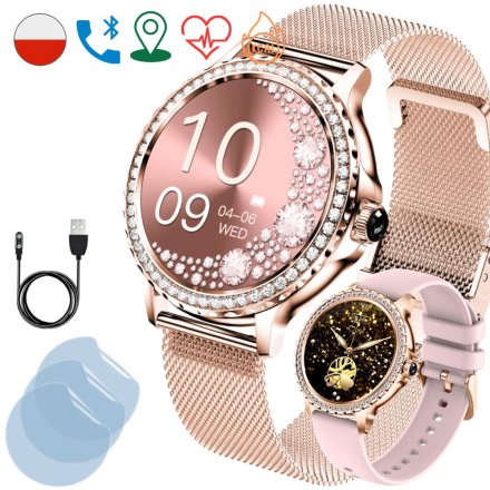 Smartwatch damski Rubicon Tiffany złoty z kryształkami + ochrona ekranu