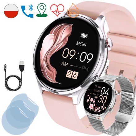 Smartwatch damski Rubicon Anita różowo-srebrny + ochrona ekranu