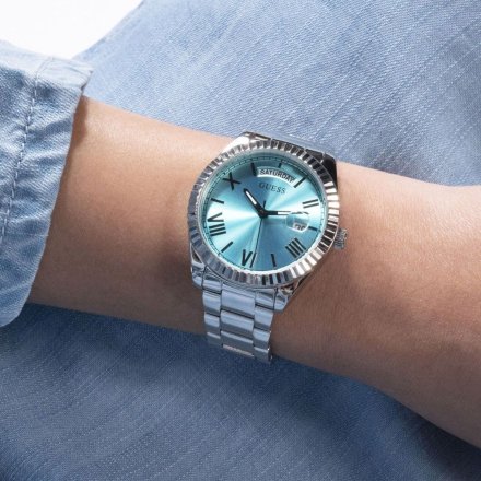 Guess Luna zegarek damski srebrny turkusowa tarcza GW0308L4