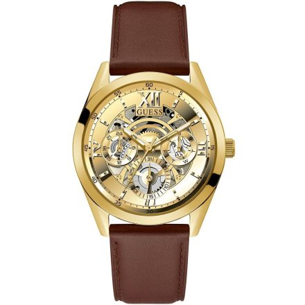 Guess Tailor złoty zegarek z paskiem i widocznym mechanizmem GW0389G5