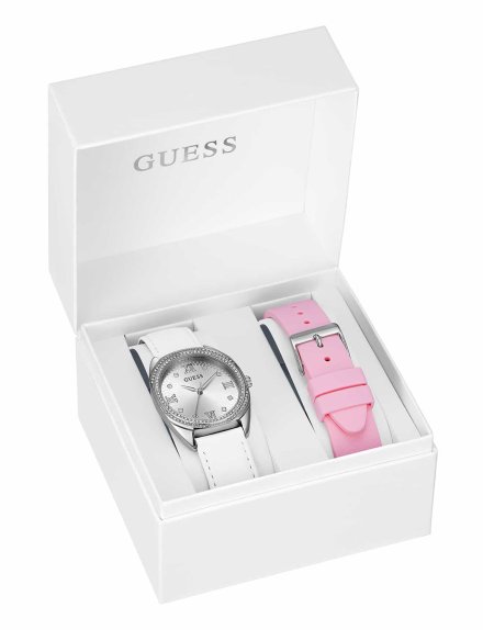 Guess Delilah zegarek damski srebrny zestaw paski biały różowy GW0691L1