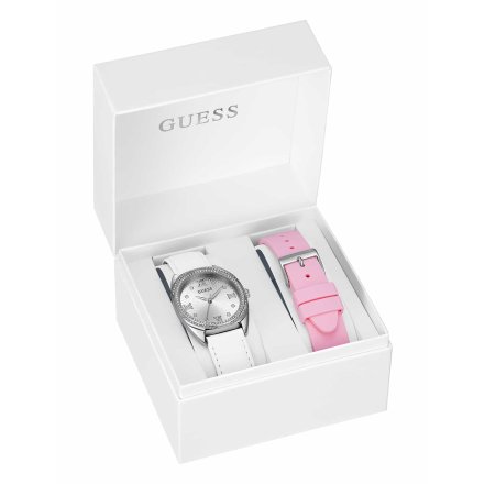 Guess Delilah zegarek damski srebrny zestaw paski biały różowy GW0691L1