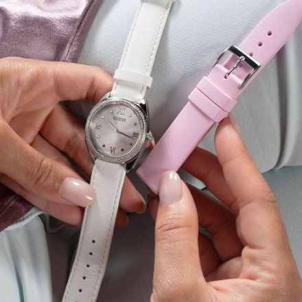 Guess Delilah zegarek damski srebrny zestaw paski biały różowy GW0691L1