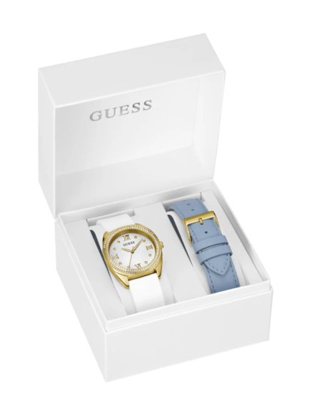 Guess Delilah zegarek damski złoty zestaw paski biały niebieski GW0691L2