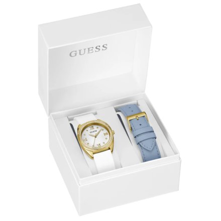 Guess Delilah zegarek damski złoty zestaw paski biały niebieski GW0691L2