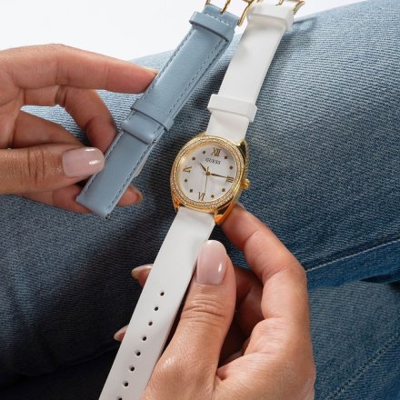 Guess Delilah zegarek damski złoty zestaw paski biały niebieski GW0691L2