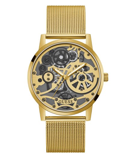 Guess Gadget zegarek męski na bransolecie złoty z widocznym mechanizmem GW0538G2