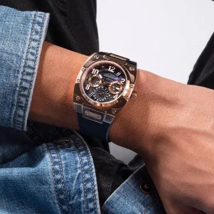 Guess Prodigy zegarek męski różowozłoty z granatowym paskiem GW0569G3