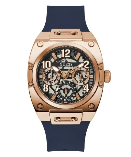 Guess Prodigy zegarek męski różowozłoty z granatowym paskiem GW0569G3