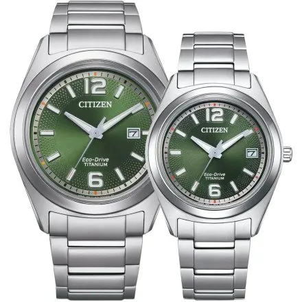 Citizen zegarki dla par na bransolecie tytanowe Eco-drive zielona tarcza