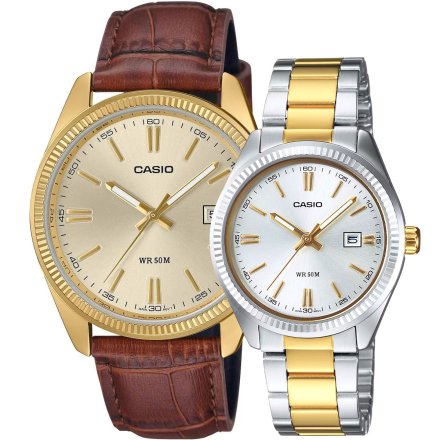 Casio Classic zegarki dla par zestaw elegancki złoto brąz 