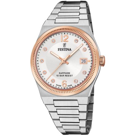 Festina Swiss Made zegarek damski na bransolecie wodoszczelny z cyrkoniami 20037/1