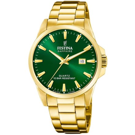 Festina Swiss Made zegarek męski na bransolecie złoty z zieloną tarczą 20044/5