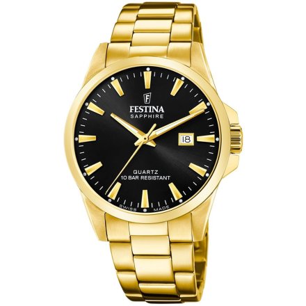 Festina Swiss Made zegarek męski na bransolecie złoty z czarną tarczą 20044/6