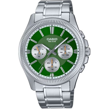 Casio Classic zegarek klasyczny z zieloną tarczą z multidatownikiem MTP-1375PD-3AVEF