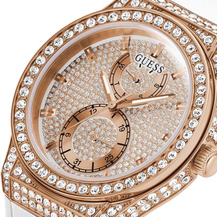 Guess Princess zegarek damski z kryształami rose gold z białym paskiem GW0439L3