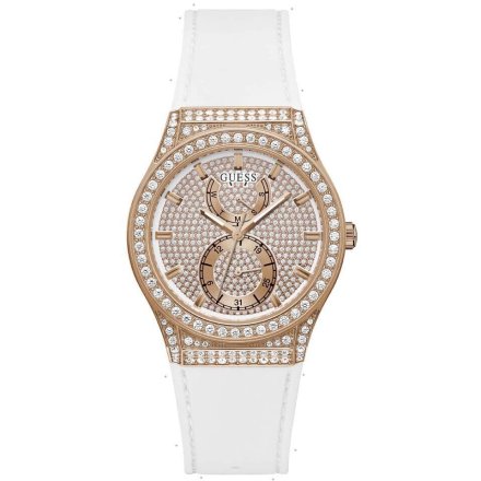 Guess Princess zegarek damski z kryształami rose gold z białym paskiem GW0439L3