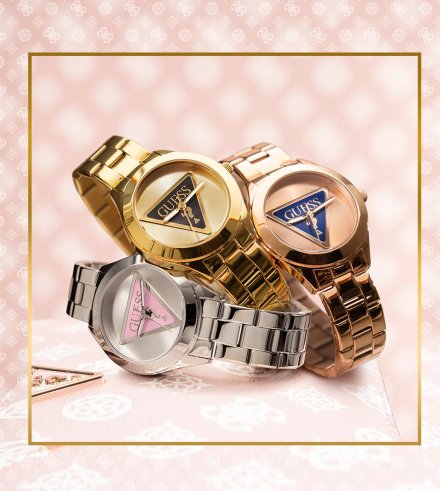 Guess Tri Plaque zegarek damski rose gold na bransolecie trójkąt GW0675L3
