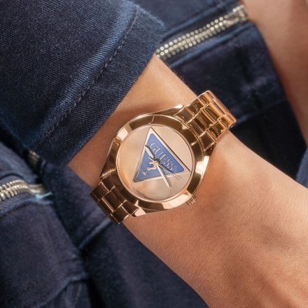 Guess Tri Plaque zegarek damski rose gold na bransolecie trójkąt GW0675L3
