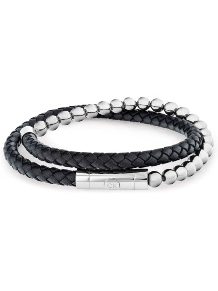 Calvin Klein CK Fuse bransoletka męska czarna skóra stal koraliki 35100022